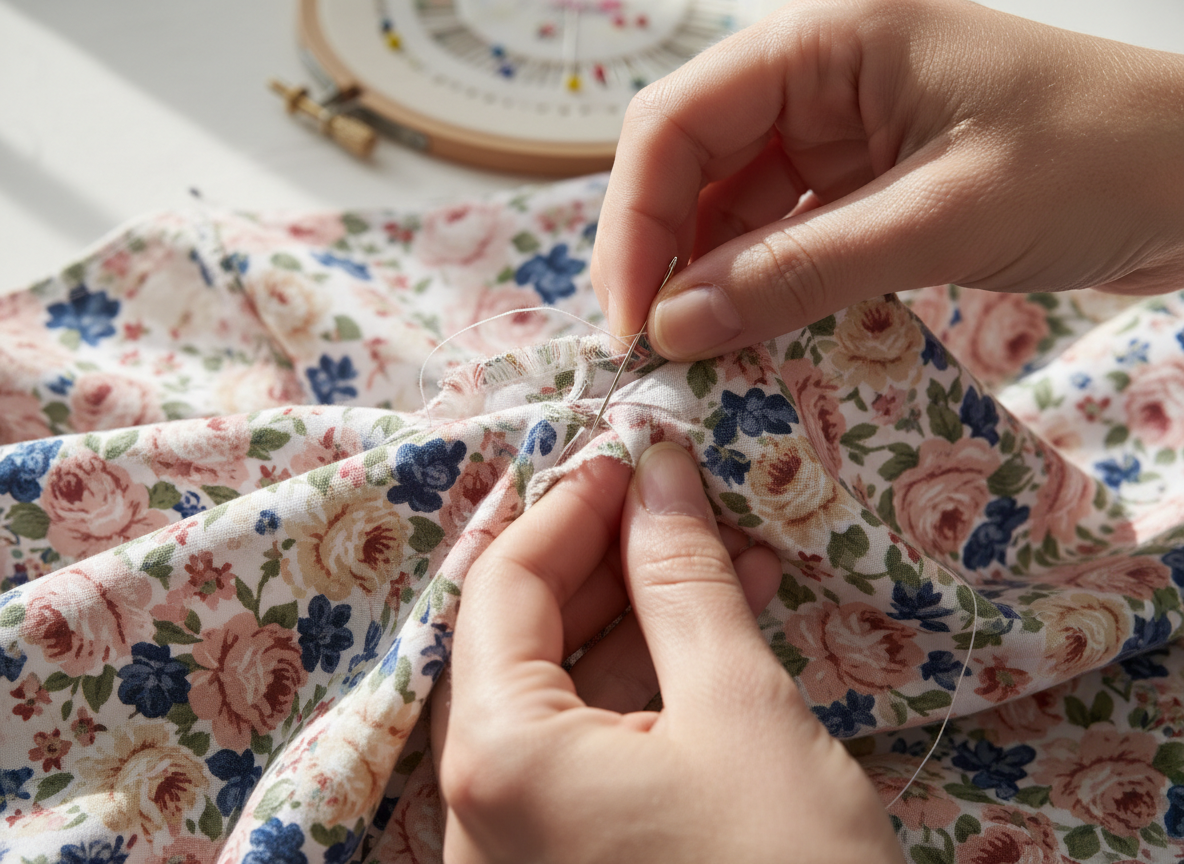 Learning how to mend clothes by repairing a split seam.