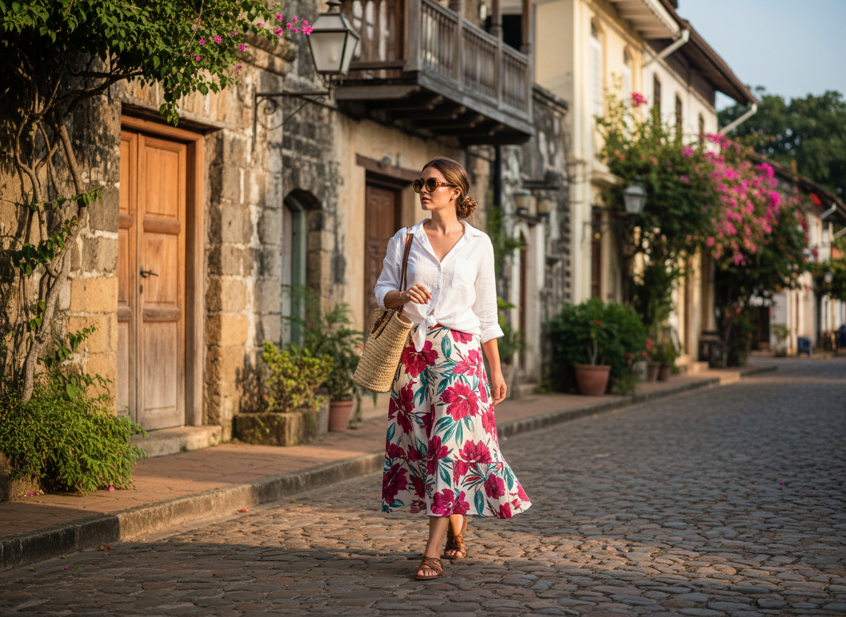 A woman showcasing a perfect smart casual outfit in a Sri Lankan setting.