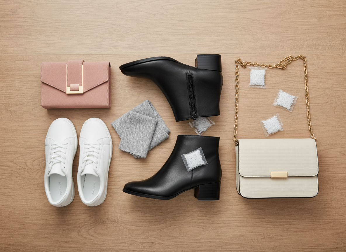 A collection of modern women's accessories ready for shoe and handbag care in Sri Lanka.