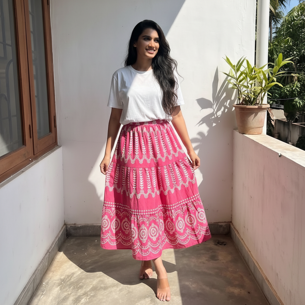Pink Boho Floral Print Tiered Maxi Skirt — image 1