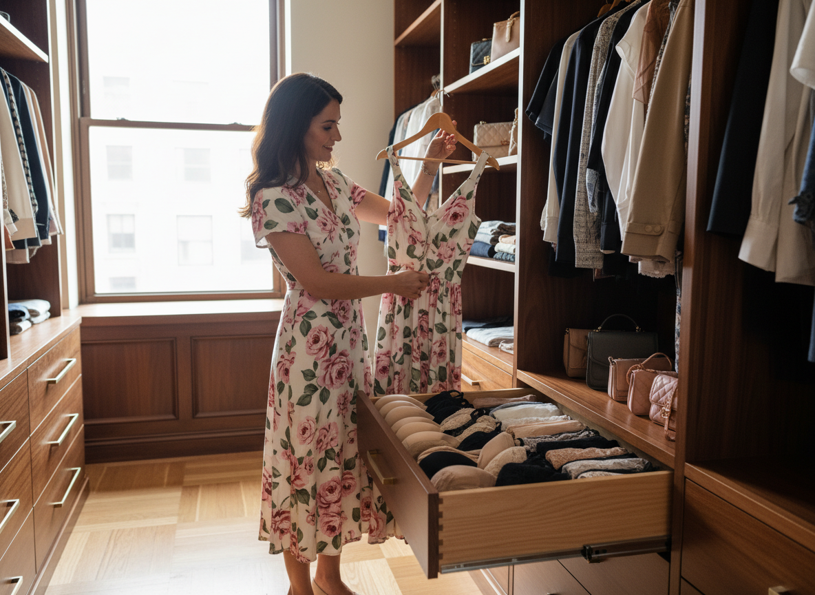 Woman organizing wardrobe with modern dresses and seamless underwear